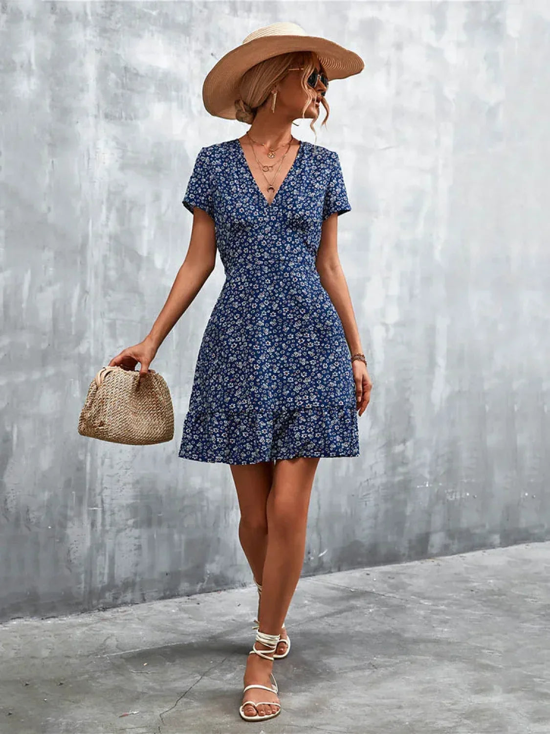Summer Short Boho V Neck Floral Party Bohemian Flower Mini A-Line Dress