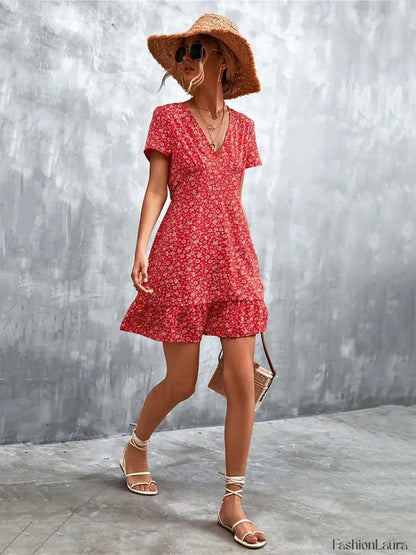 Summer Short Boho V Neck Floral Party Bohemian Flower Mini A-Line Dress
