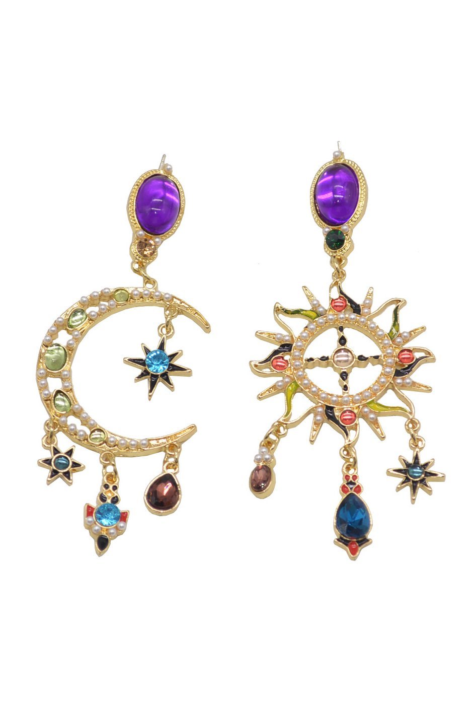 Pendientes largos asimétricos colgantes Sol y Luna