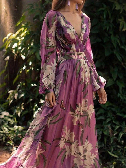 V-Neck Long Sleeve Printed Swing Dress