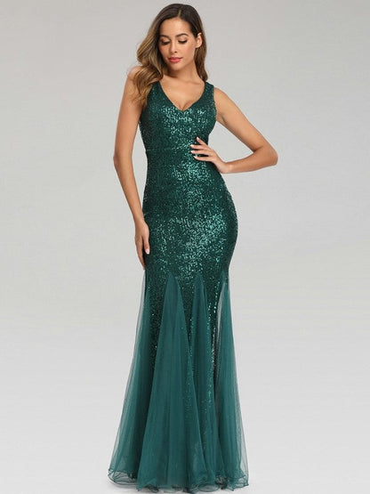 Sequin Panel Mesh Mermaid  Evening Dress Double V Neck Sleeveless Shiny Bridesmaid Dress