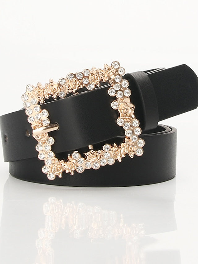 Unisex PU Buckle Belt PU Leather Prong Buckle Crystal Rhinestone Casual Classic Party Daily Green White Black Brown for Women