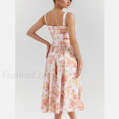 Sweet Pink Flower Print Tank Dress Cross Ribbon Eyelet Floral Dress