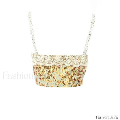 Sweet Ruffled Hook and Eye Lace Up Side Floral Crop Corset Top - Green