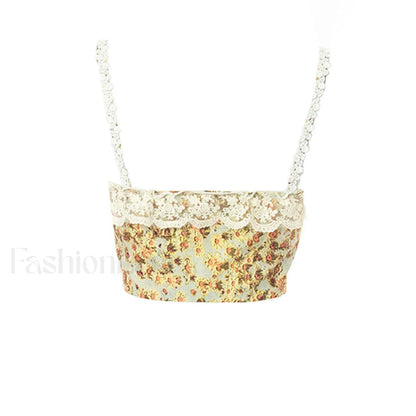 Sweet Ruffled Hook and Eye Lace Up Side Floral Crop Corset Top - Green