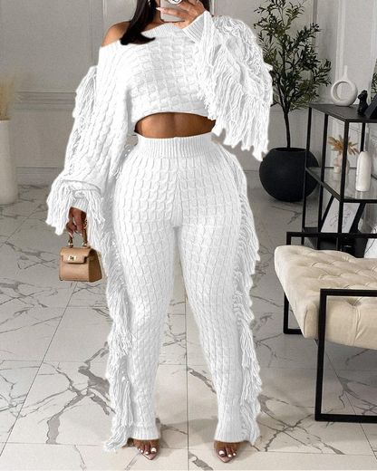 Knitted Long-Sleeved Tassel Suit