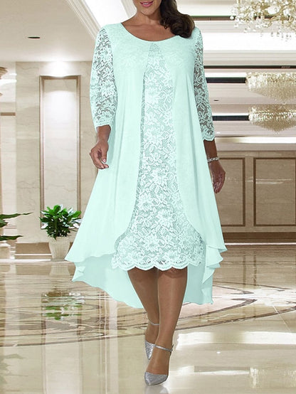 A-Line Mother of the Bride Dress Plus Size Elegant Jewel Neck Knee Length Chiffon Lace Long Sleeve with Lace 2023