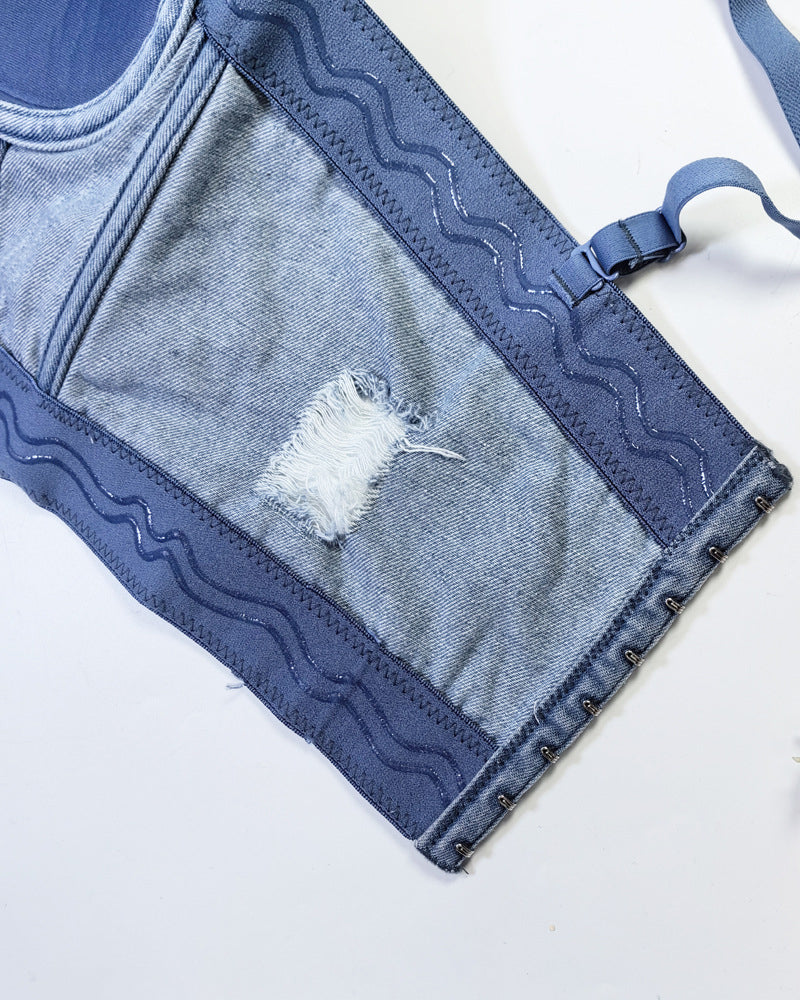 Distressed Denim Embellished Diamond Beaded Fringed Back Bandeau