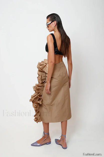 Taffeta Ruffle Midi Pencil Skirt