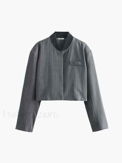 Tailored Pinstripe Graceful Patchwork Collar Jacket