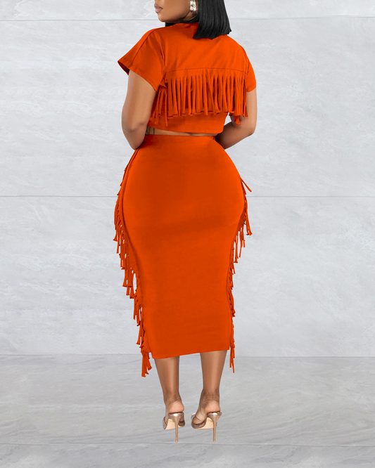Fringed Crewneck Short-Sleeved Long Skirt Set
