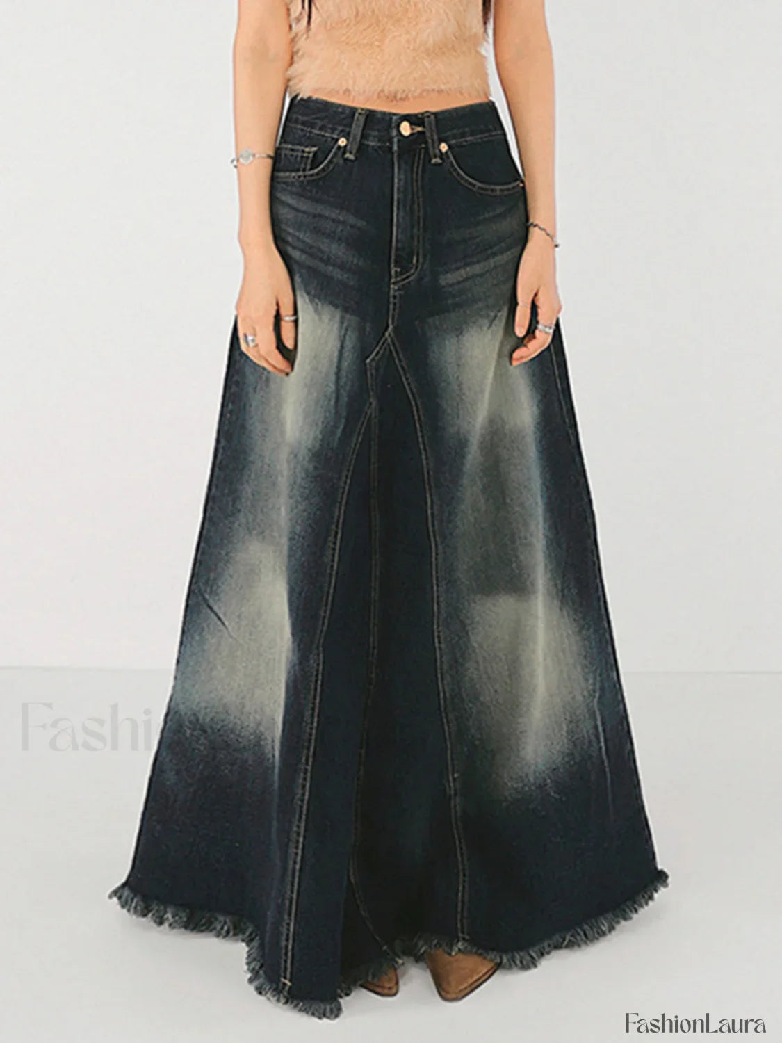 Tassels Hem Graceful Long Denim Skirt