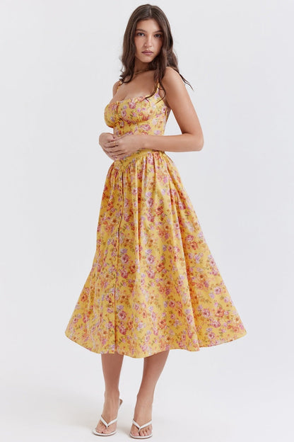 Tatiana Yellow Floral Print Midi Dress