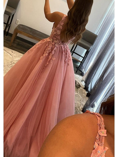 A-Line Prom Dresses Open Back Dress Formal Floor Length Sleeveless V Neck Tulle Backless with Pleats Beading Appliques 2023