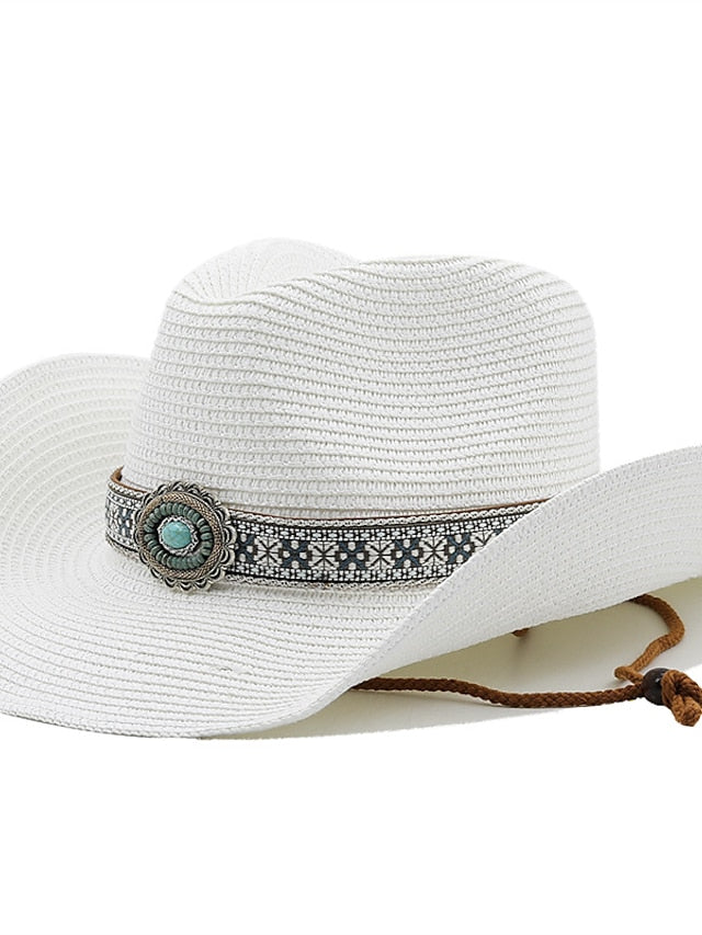 Turquoise Decoration Western Cowboy Hat Men Women Cowgirl Summer Straw Hats For Lady Sun Hat Beach Cowgirl Jazz Hat for Women