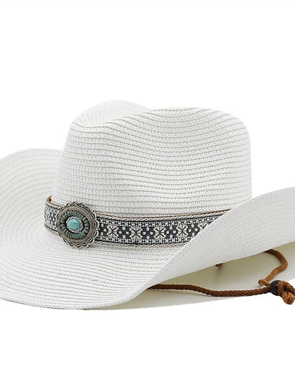 Turquoise Decoration Western Cowboy Hat Men Women Cowgirl Summer Straw Hats For Lady Sun Hat Beach Cowgirl Jazz Hat for Women