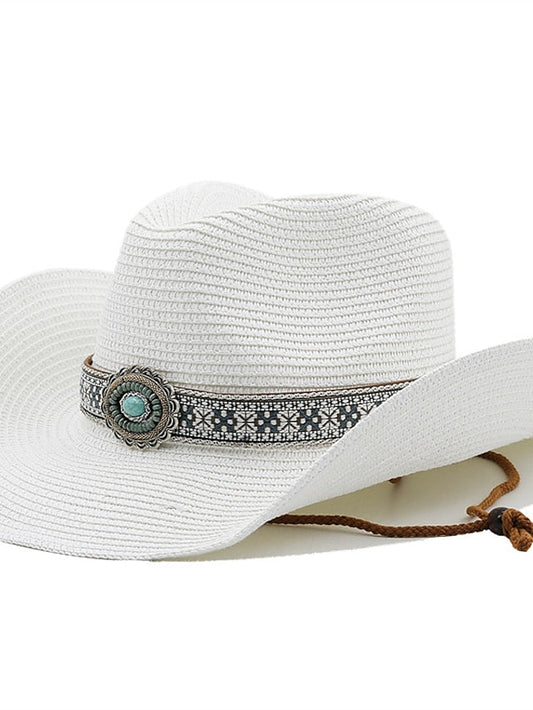 Turquoise Decoration Western Cowboy Hat Men Women Cowgirl Summer Straw Hats For Lady Sun Hat Beach Cowgirl Jazz Hat for Women