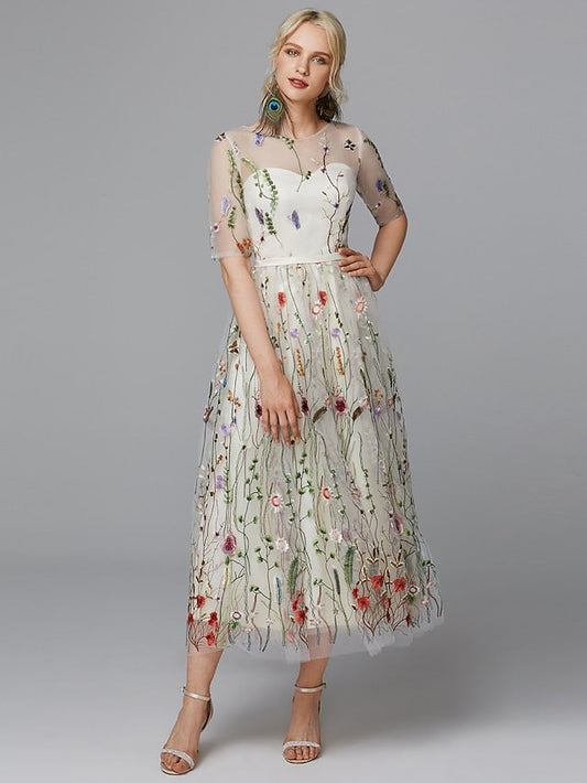 A-Line Floral Dress Holiday Tea Length Half Sleeve Illusion Neck Lace with Embroidery Appliques 2023
