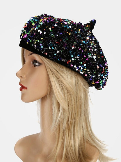 Popular Sequins Painter Hat Female Korean Version Trendy Beret Pub Party British Retro Octagonal Hat for Women