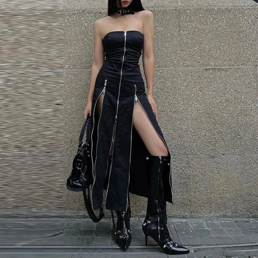 Technical Zip Up Split Ebony Midi Dress