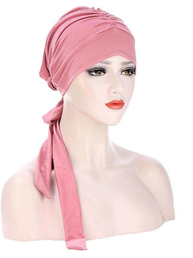 Muslim Women Stretch Solid Wrinkle Turban Hat Cancer Chemo Beanies Caps Pre-Tied Scarf Headwear Headwrap Simple Hair Accessories for Women