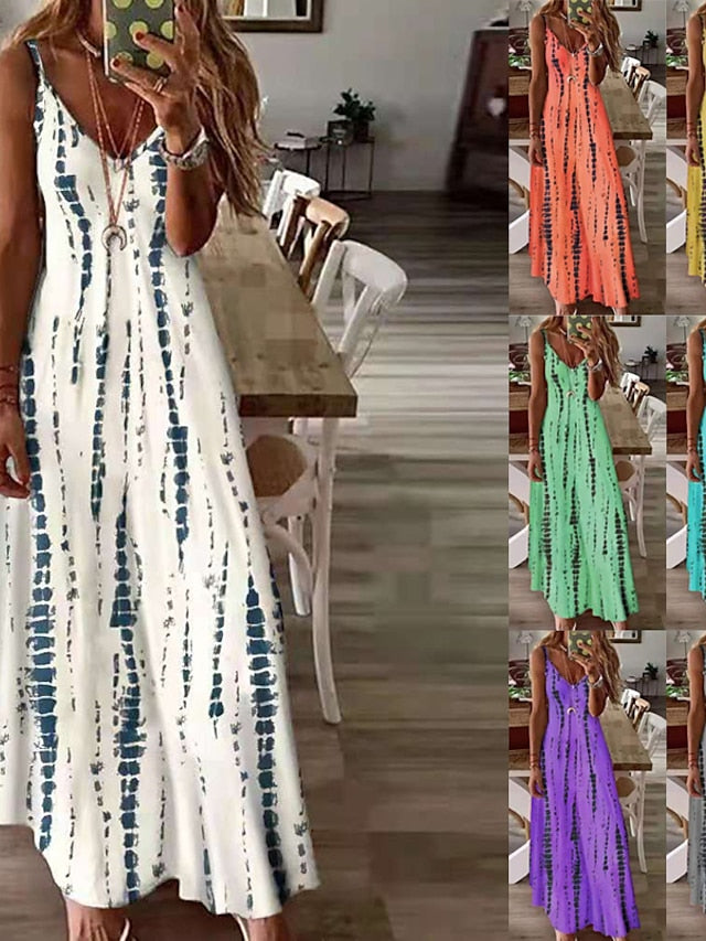 A Line Dress Slip Dress Long Dress Maxi Dress White Yellow Blue Sleeveless Print Print Spring Summer Spaghetti Strap Casual  S M L XL XXL 3XL 4XL 5XL for Women