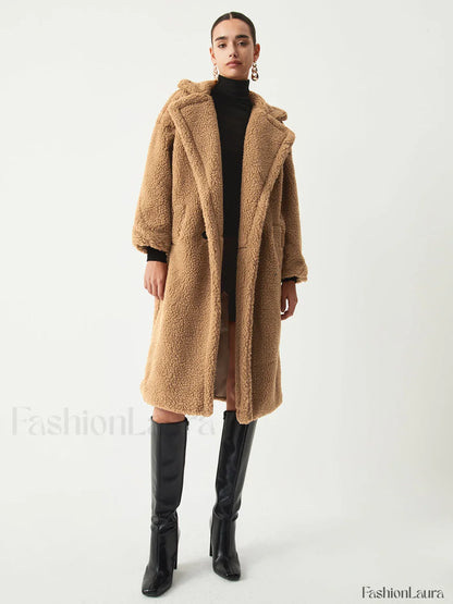 Terracotta Double Pockets Trendy Flurry Longline Fleece Jacket
