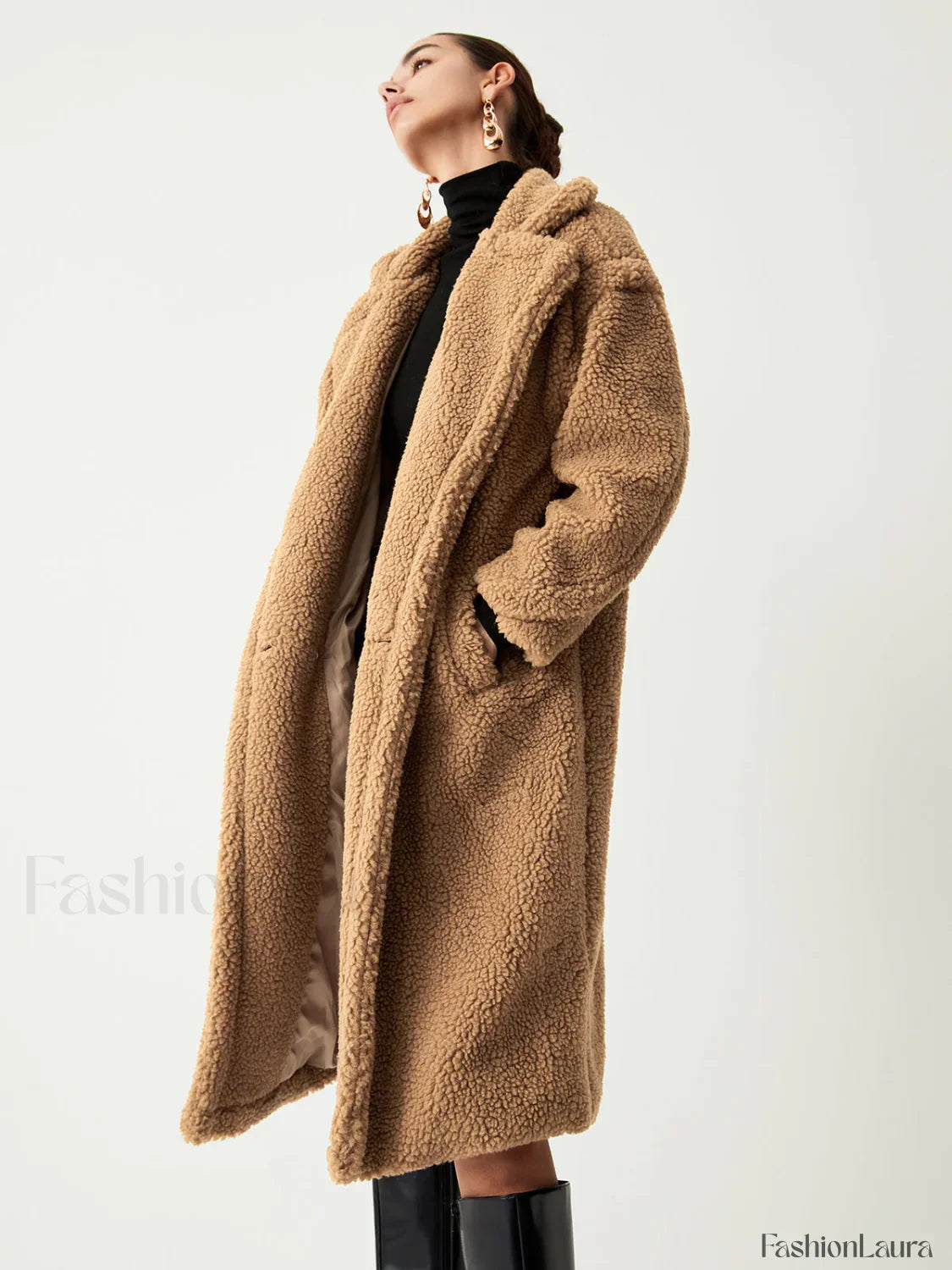 Terracotta Double Pockets Trendy Flurry Longline Fleece Jacket