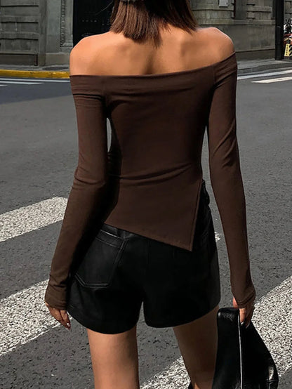 Terracotta Off Shoulder Trendy Long Sleeve Shirt