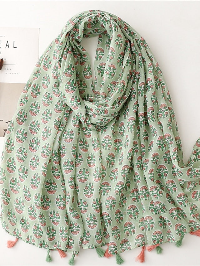 Printed Soft Scarf Shawls Women Premium Foulard Femme Long Fresh Floral Tassel Scarfs Scarves Party Accessories for Women