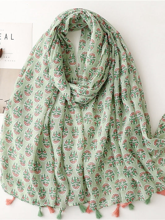 Printed Soft Scarf Shawls Women Premium Foulard Femme Long Fresh Floral Tassel Scarfs Scarves Party Accessories for Women