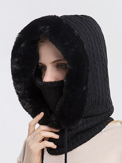 High Quality Winter Fur Cap Mask Set Hooded for Women Knitted Cashmere Neck Warm Outdoor Ski Windproof Hat Thick Plush Fluffy Beanies for Women