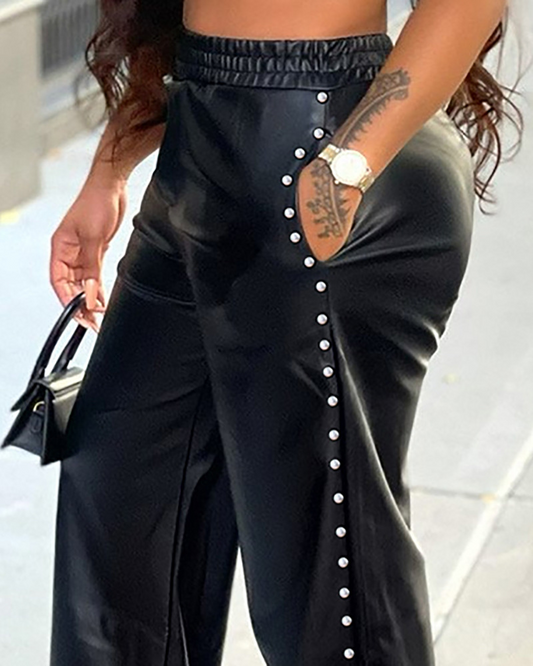 Loose Wide-Leg Pocket PU Leather Pants