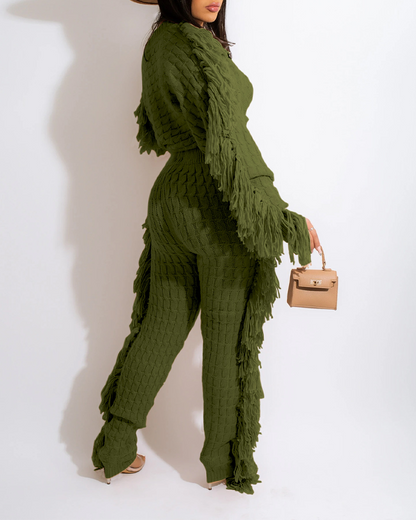 Knitted Long-Sleeved Tassel Suit