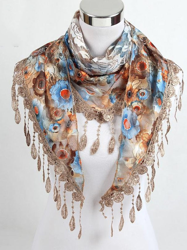Shawls & Wraps Party Blue Scarf Floral &  Long Triangle Tassel Scarf / Basic / Fall / Winter / Spring for Women