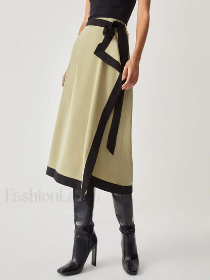 Tie Front Contrast Trendy Trim Midi Skirt