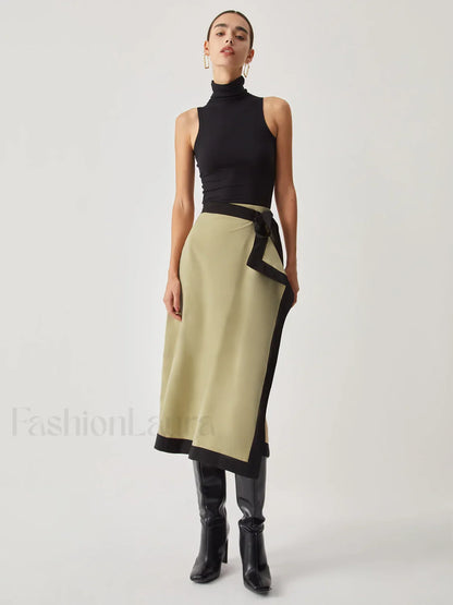 Tie Front Contrast Trendy Trim Midi Skirt