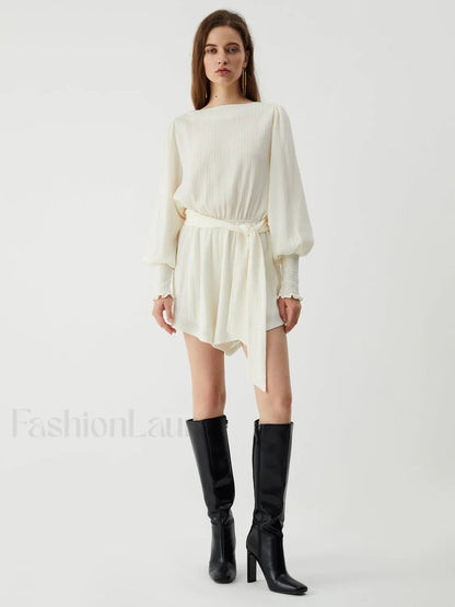 Tie Front Cowl Back Modern Long Sleeve Short Dress