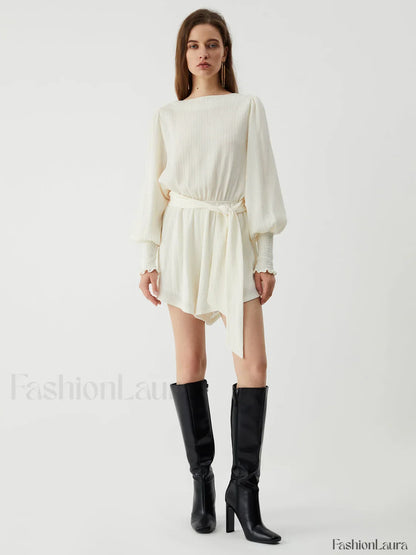 Tie Front Cowl Back Modern Long Sleeve Short Dress
