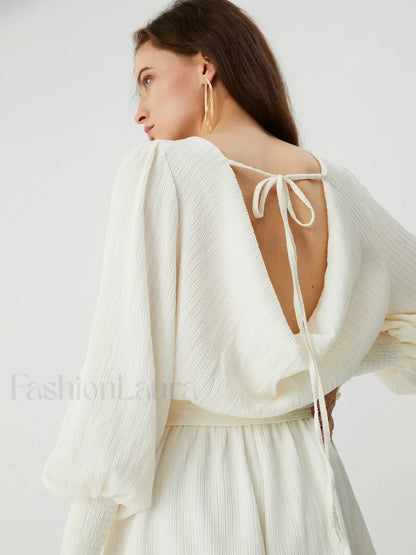 Tie Front Cowl Back Modern Long Sleeve Short Dress
