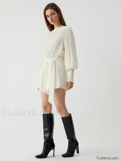 Tie Front Cowl Back Modern Long Sleeve Short Dress