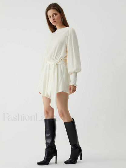 Tie Front Cowl Back Modern Long Sleeve Short Dress