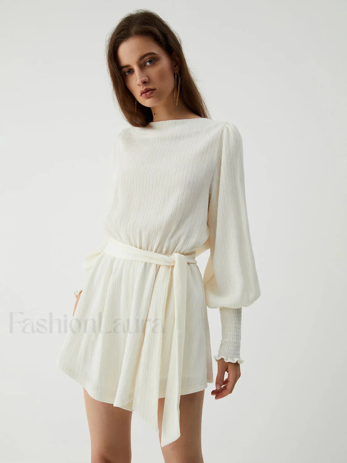 Tie Front Cowl Back Modern Long Sleeve Short Dress