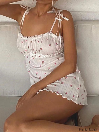 Tie Strap Frill Trim Floral Mini Dress