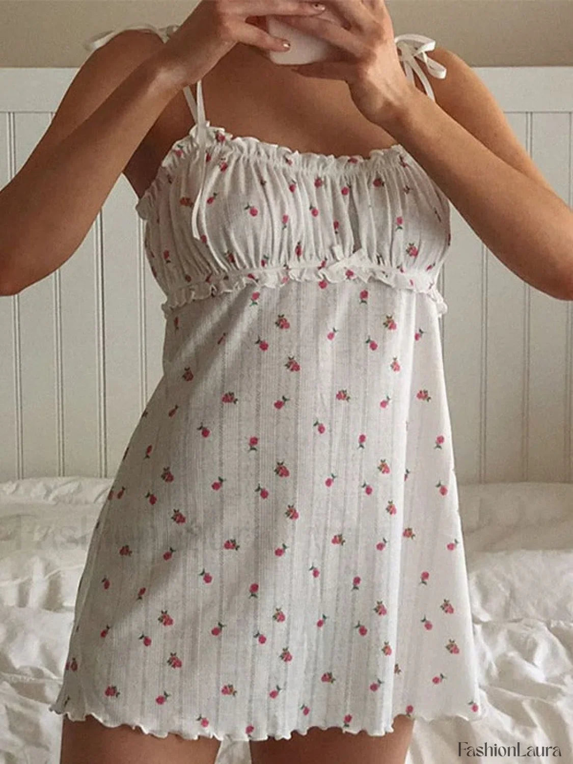 Tie Strap Frill Trim Floral Mini Dress