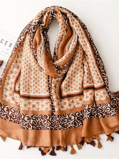 Fashion Women Scarf Print Hijab Flower Tassel Shawls and Wraps Long Style Female Boho Bandana for Women