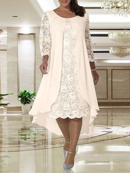 A-Line Mother of the Bride Dress Plus Size Elegant Jewel Neck Knee Length Chiffon Lace Long Sleeve with Lace 2023