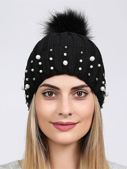 Hat Beanie / Slouchy Black White Outdoor Home Daily Beaded Knit Pure Color Portable Windproof Comfort for Women