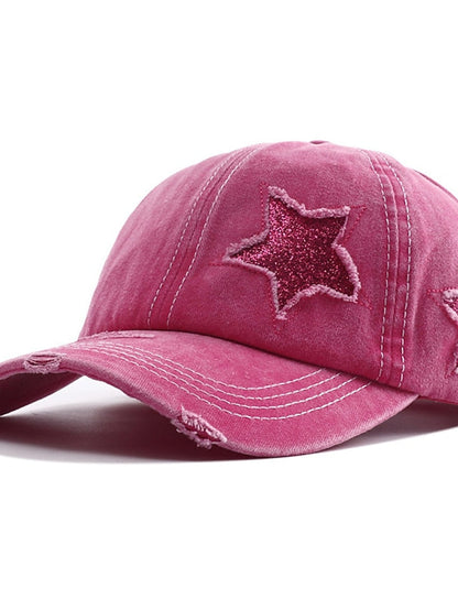 Men Washed Cotton Baseball Cap Glitter Star Embroidery Vintage Distressed Messy High Bun Ponytail Hole Trucker Hat Adjustable Sun Hat for Women
