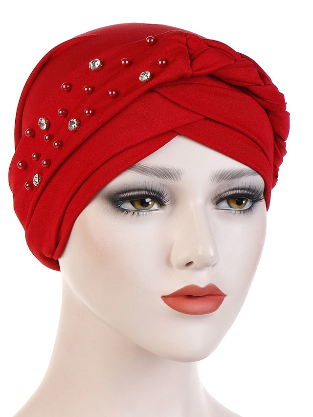 India Muslim Women Hijab Hat with Beads Turban Headscarf Islamic Head Wrap Lady Beanie Bonnet Hair Loss Cover for Women